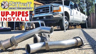 2001 F350 73  RiffRaff UpPipes Install  Stock up pipes leaking and falling apart JUNK SP [upl. by Goulden506]